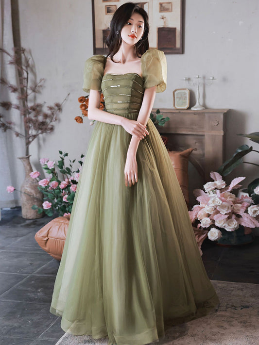 A-Line Green Sequin Tulle Long Prom Dress, Green Formal Party Dress