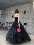 Black tulle sequin long prom dress, black tulle formal dress