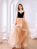 Champagne sweetheart neck tulle long prom dress backless evening dress