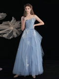 Blue tulle lace long prom dress, blue tulle lace evening dress