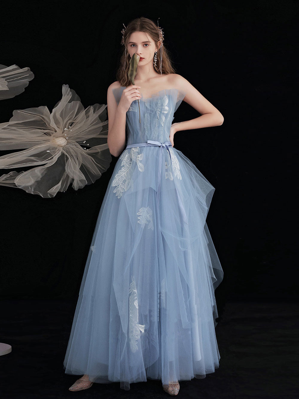 Blue tulle lace long prom dress, blue tulle lace evening dress