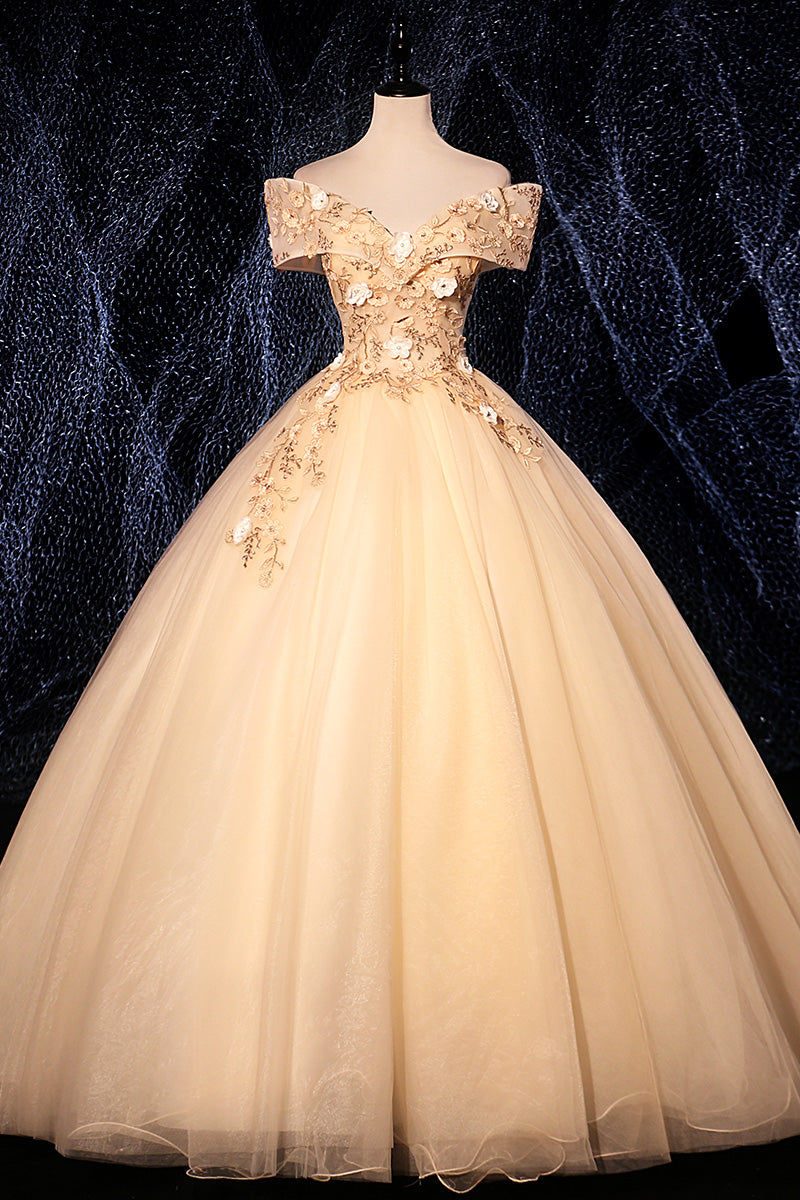 Champagne v neck tulle lace long prom dress champagne evening dress