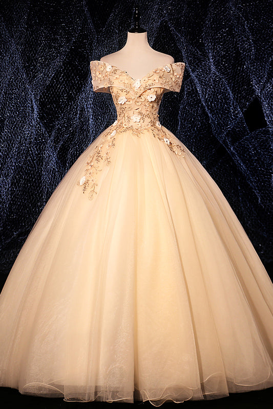 Champagne v neck tulle lace long prom dress champagne evening dress