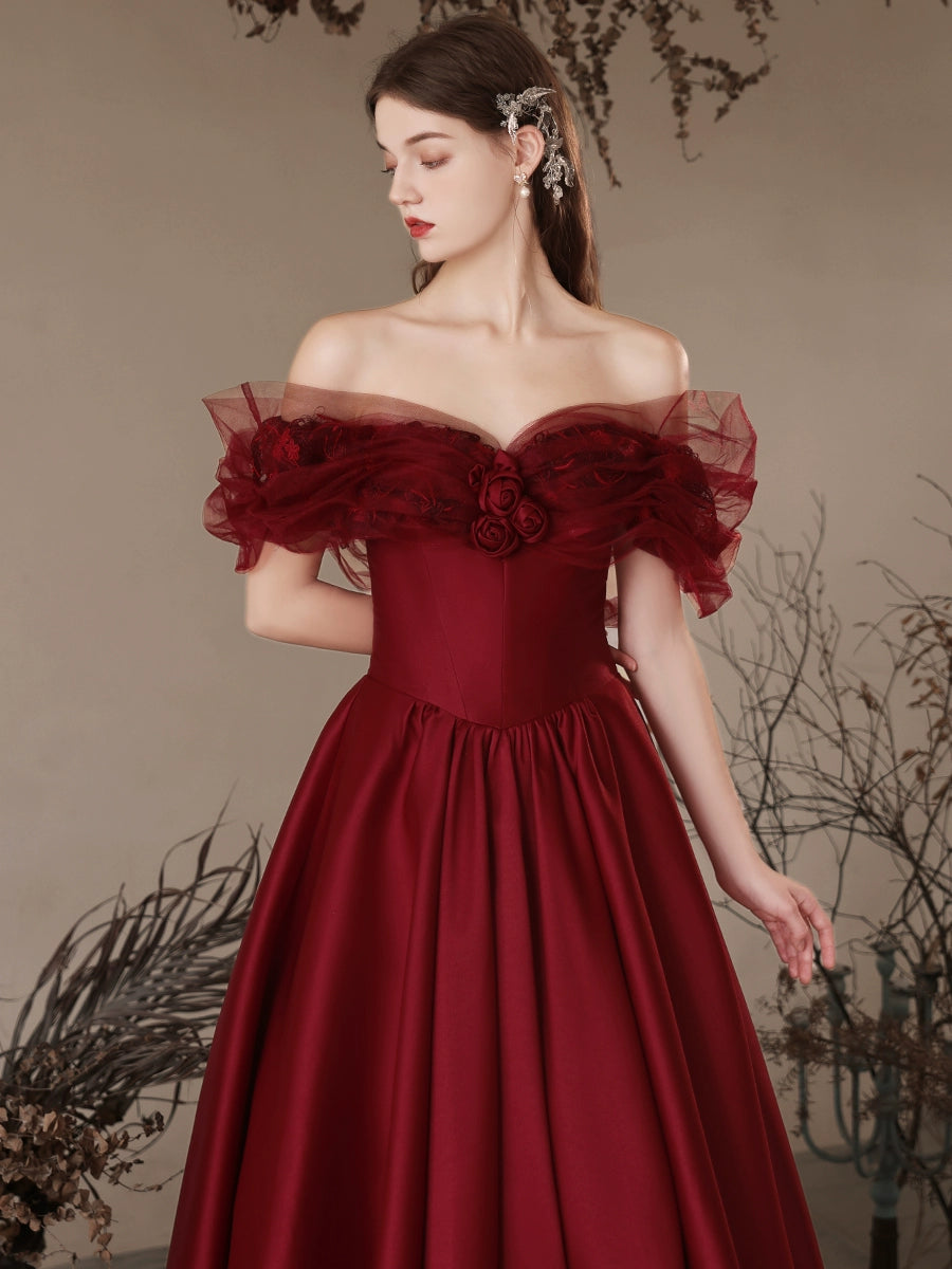 A-Line Off Shoulder Satin Burgundy Long Prom Dress, Burgundy Long Formal Dress