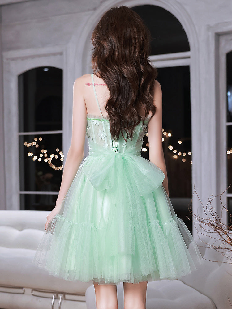 Green sweetheart neck tulle lace short prom dress, green homecoming dress