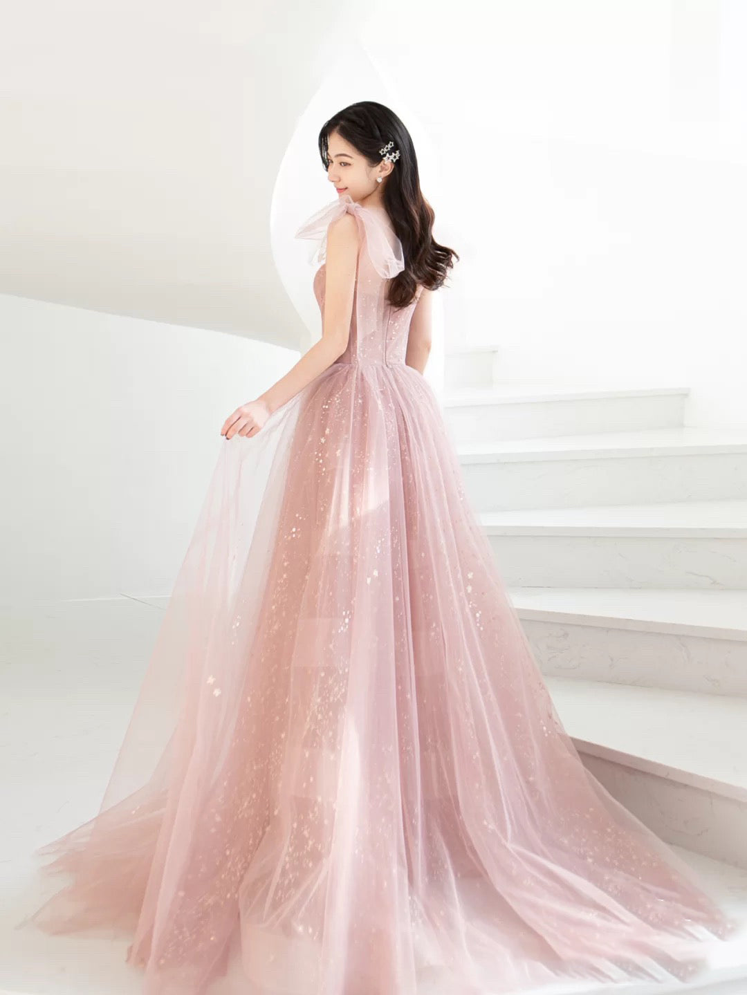 Pink A line tulle long prom dress, pink tulle formal dress