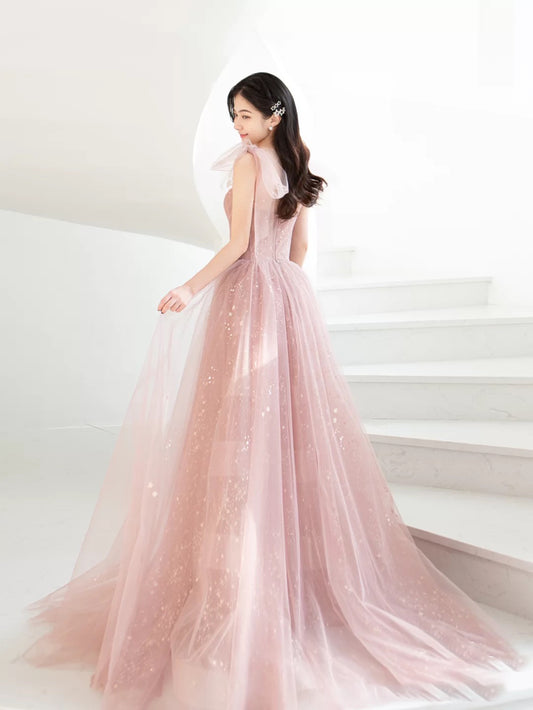 Pink A line tulle long prom dress, pink tulle formal dress