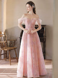 A-Line Tulle Lace Off Shoulder Pink Long Prom Dress, Pink Lace Long Graduation Dress