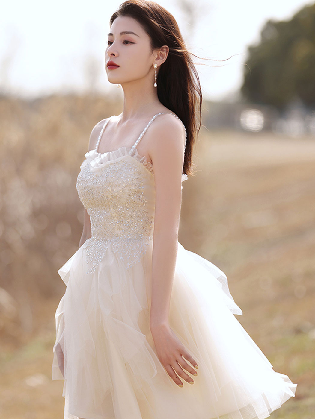 Beige sweetheart neck tulle lace short prom dress beige cocktail dress