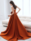 Simple orange satin long prom dress A line orange evening dress