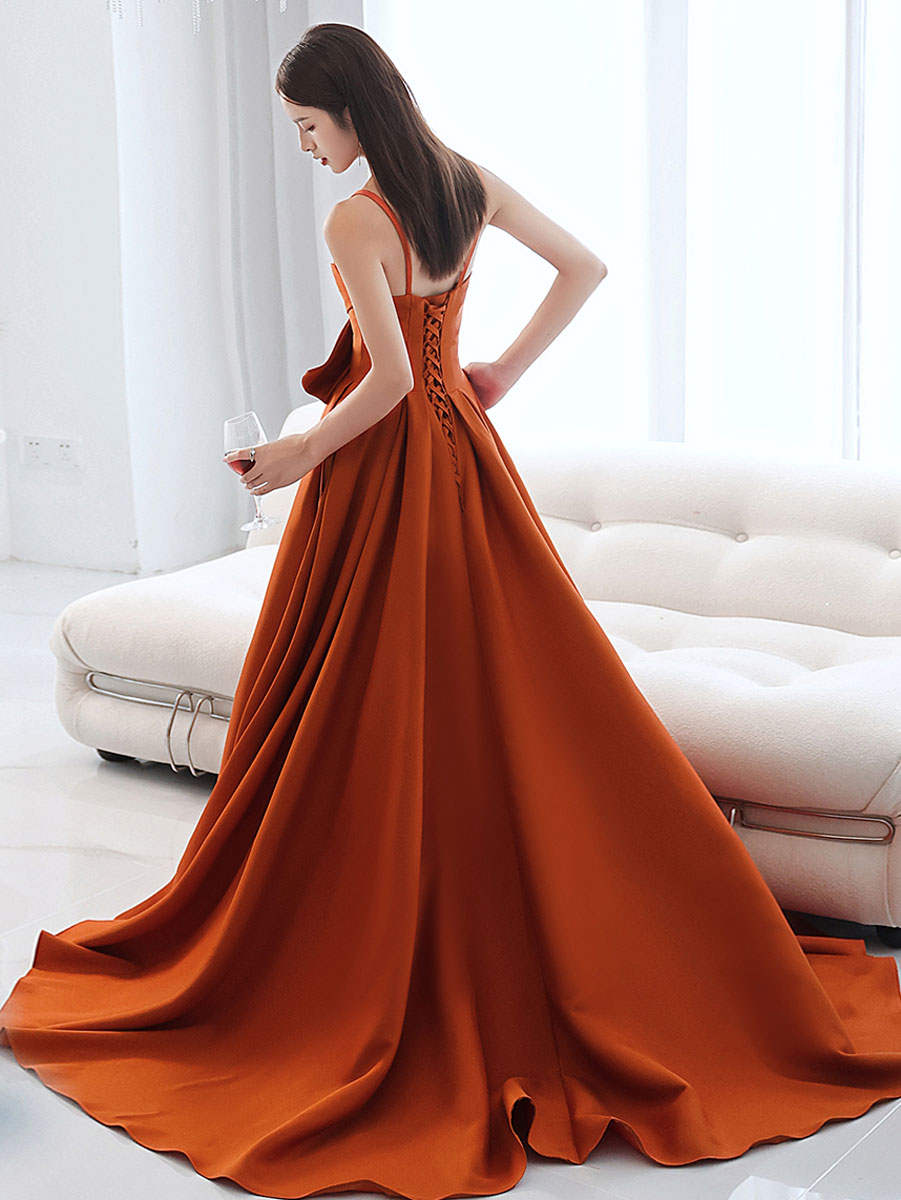Simple orange satin long prom dress A line orange evening dress