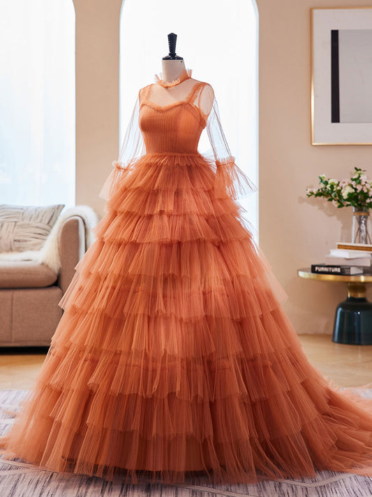 Unique  High Neck Tulle Long Prom Dresses