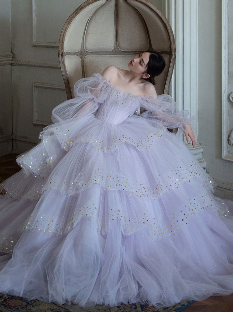 Purple tulle sequin long prom dress, purple tulle evening dress