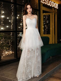 White sweetheart neck tulle lace long prom dress, white formal dress