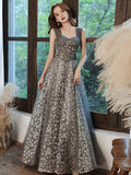 Gray A line tulle beads long prom dress gray tulle formal party dress