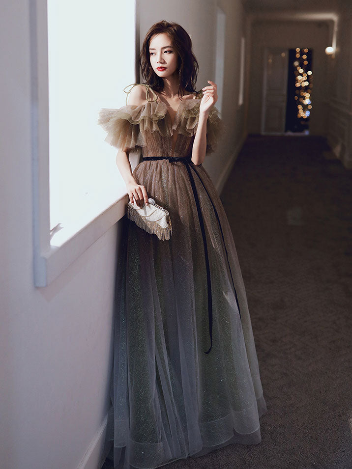 Elegant A line tulle long prom dress, tulle formal party dress