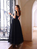 Black sweetheart neck tulle long prom dress, black evening dress