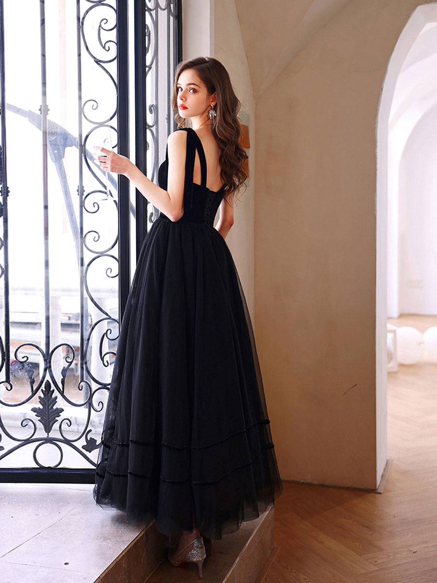 Black sweetheart neck tulle long prom dress, black evening dress