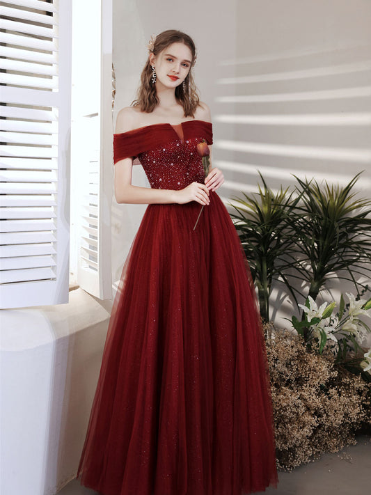 Burgundy A line sequin beads long prom dress burgundy evening dress