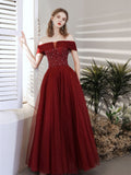 Burgundy A line sequin beads long prom dress burgundy evening dress