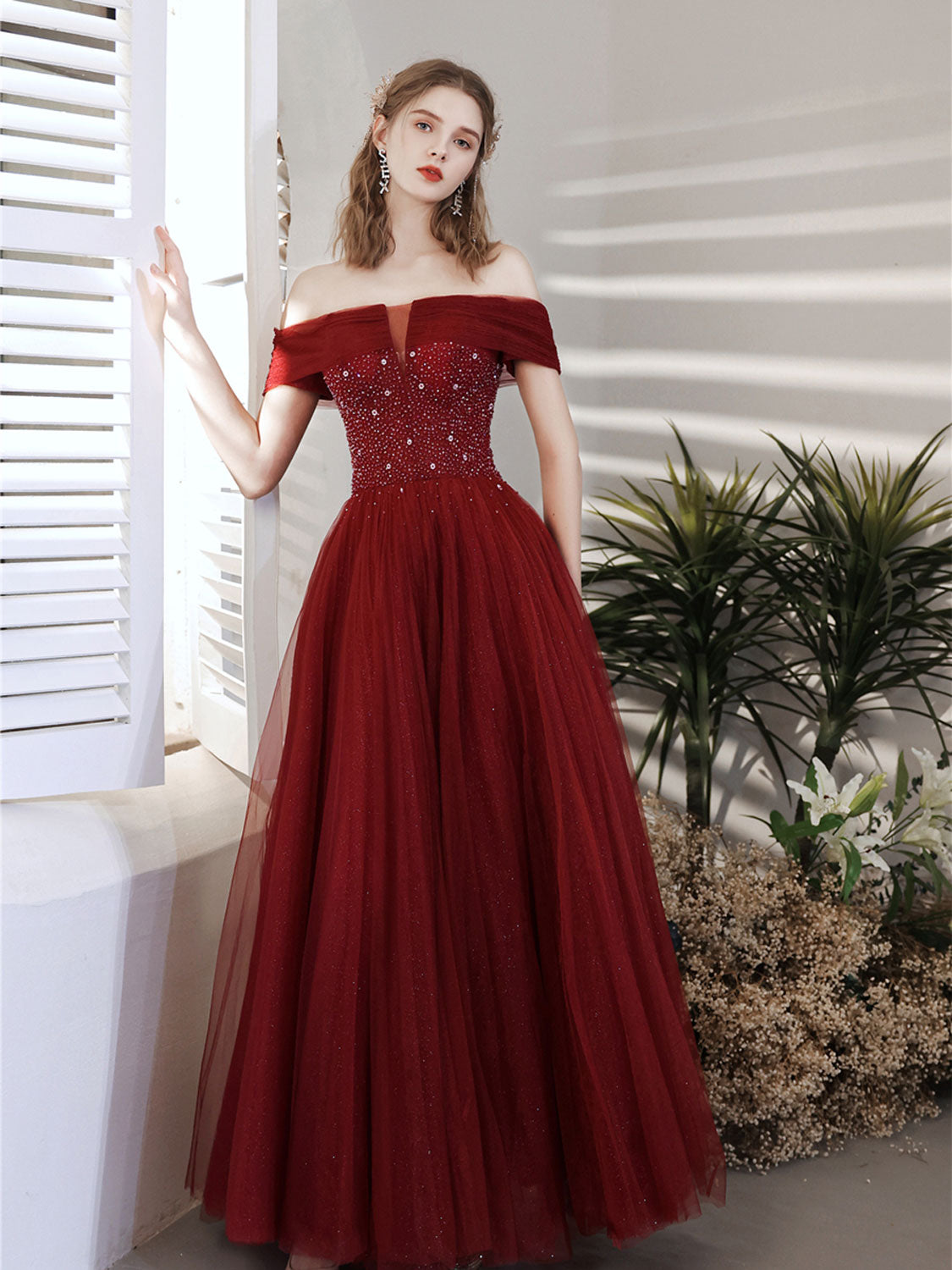 Burgundy A line sequin beads long prom dress burgundy evening dress