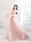 Pink A line tulle long prom dress, pink tulle formal dress