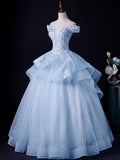 Blue A-Line Lace Tulle Long Prom Dress, Blue Lace Formal Evening Dress