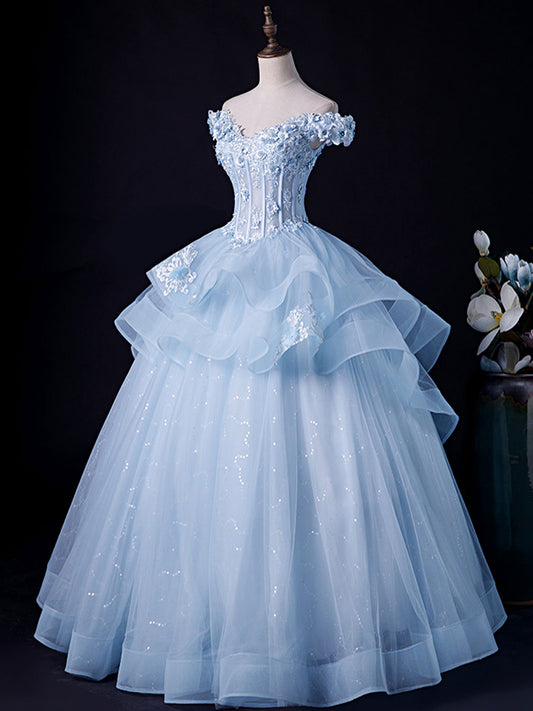 Blue A-Line Lace Tulle Long Prom Dress, Blue Lace Formal Evening Dress