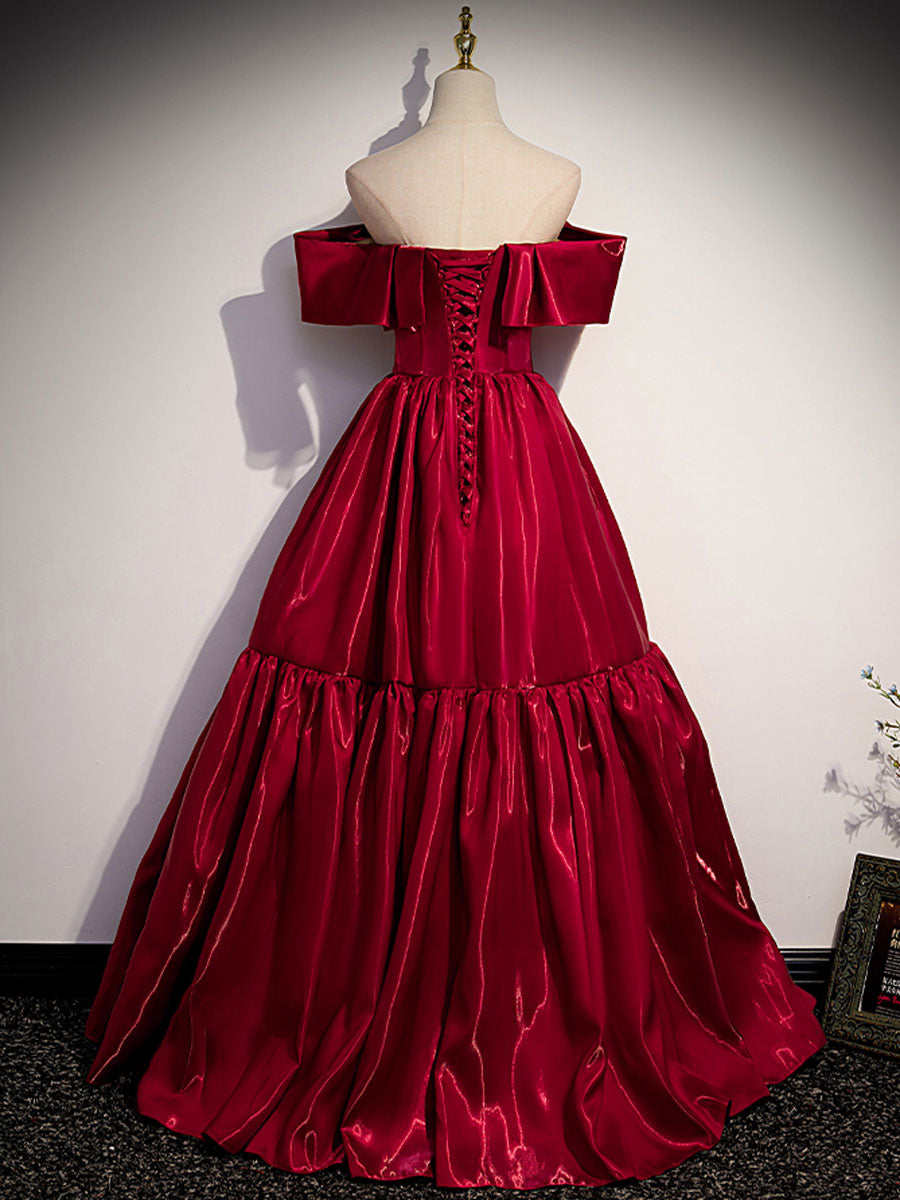 Simple burgundy off shoulder satin long prom dress burgundy evening dress