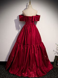 Simple burgundy off shoulder satin long prom dress burgundy evening dress