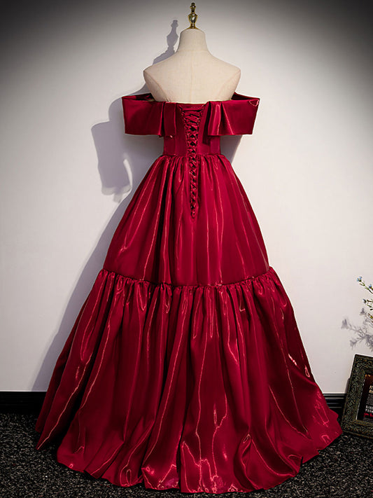 Simple burgundy off shoulder satin long prom dress burgundy evening dress