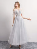 Gray A-Line Tulle Sequin Long Prom Dress,