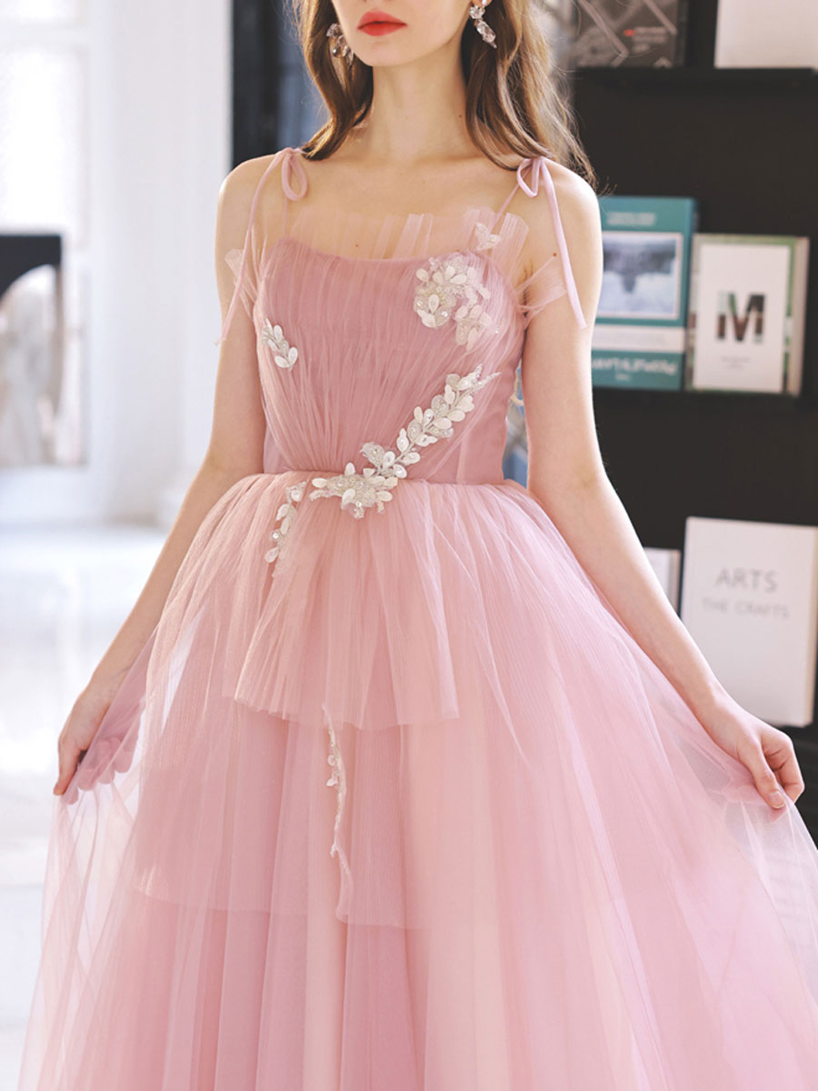 Pink tulle long prom dress, pink A line tulle lace graduation dress