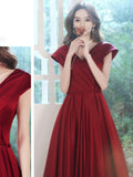 Burgundy v neck satin long prom dress, burgundy evening dress