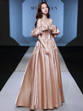 Simple off shoulder satin long prom dress, champagne evening dress