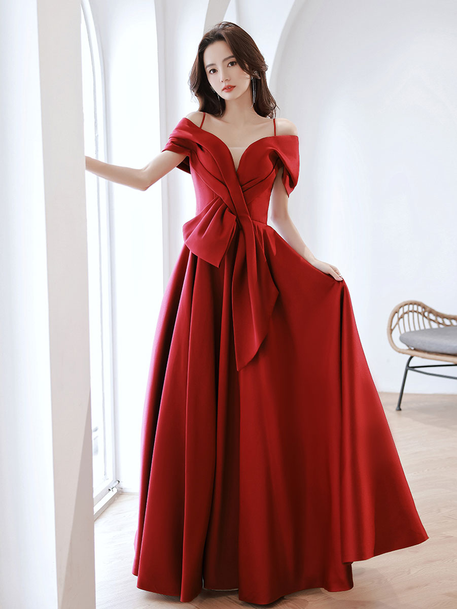 Burgundy off shoulder satin long prom dress burgundy evening dress