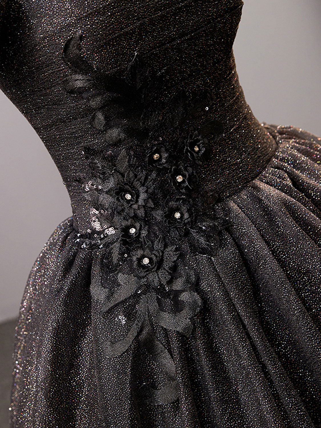 Black Square Neckline Tulle Long Prom Dress, Shiny Black Evening Dresses