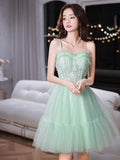 Green sweetheart neck tulle lace short prom dress, green homecoming dress