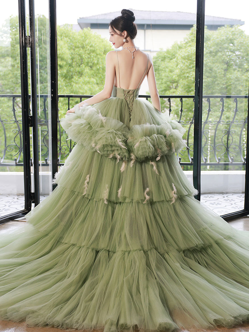 Green v neck tulle long prom dress, green tulle sweet 16 dress