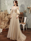 Champagne A line Tulle Lace Long Prom Dress, Lace Formal Graduation Dress