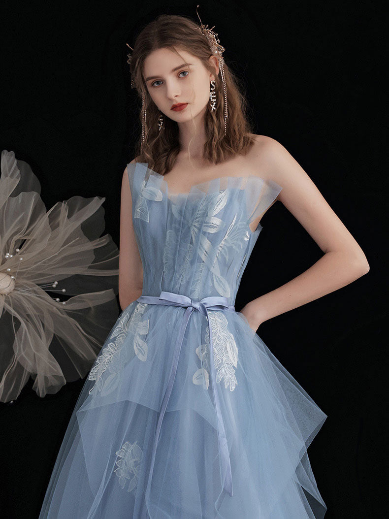 Blue tulle lace long prom dress, blue tulle lace evening dress