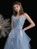 Blue tulle lace long prom dress, blue tulle lace evening dress