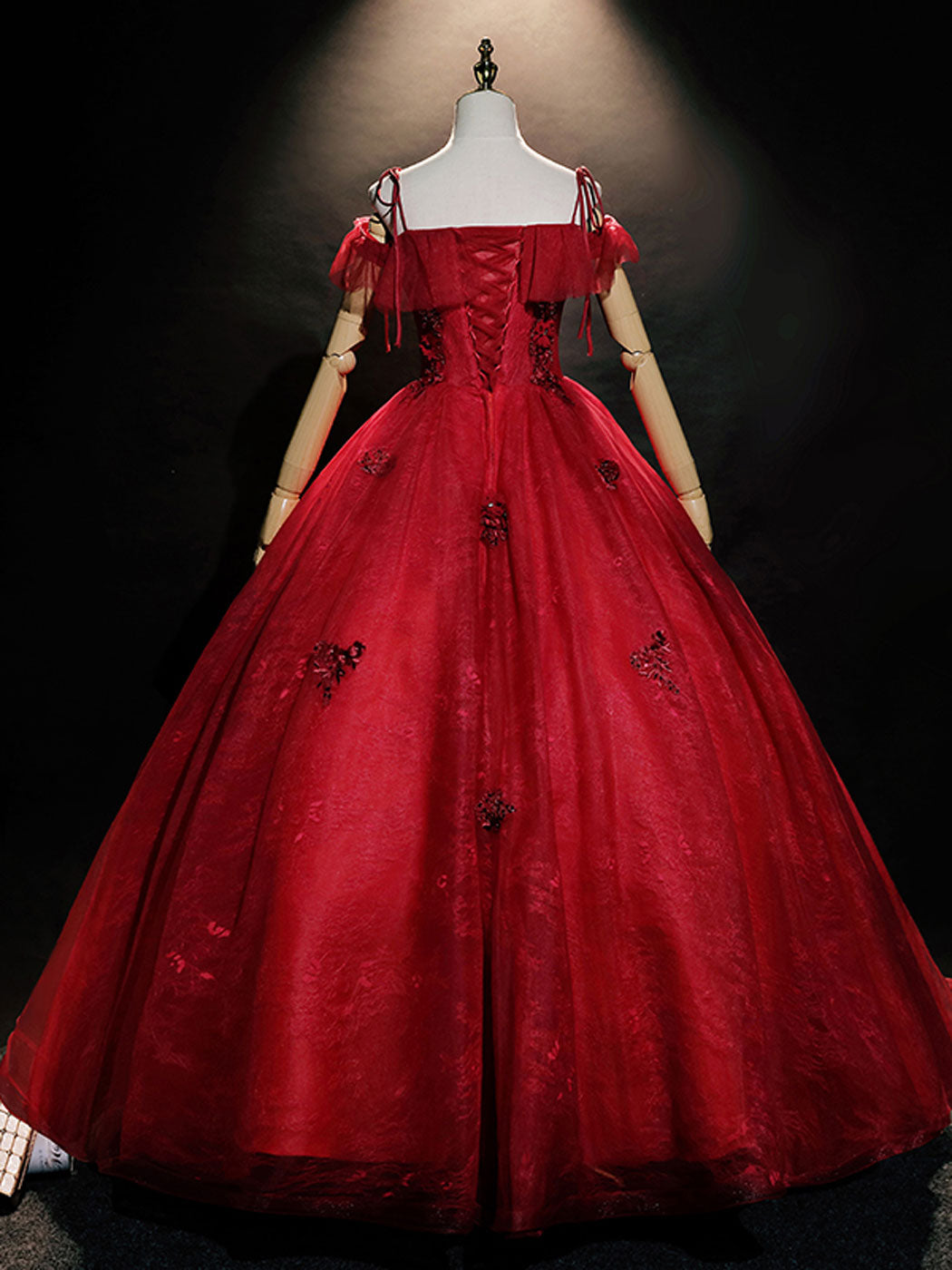 Burgundy off shoulder tulle lace long prom dress burgundy sweet 16 dress