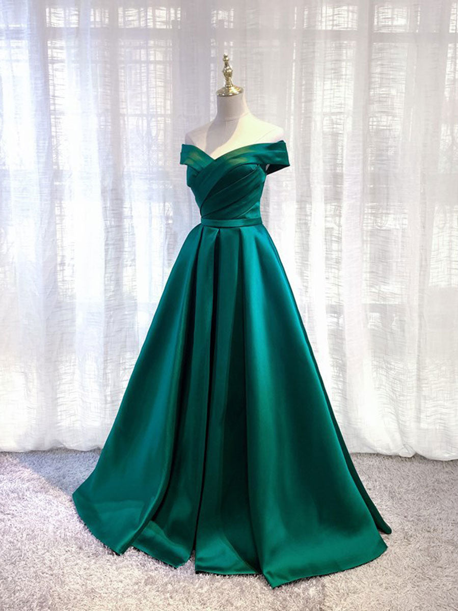 Simple green satin off shoulder long prom dress, green bridesmaid dress