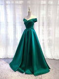 Simple green satin off shoulder long prom dress, green bridesmaid dress