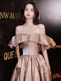 Simple off shoulder satin long prom dress, champagne evening dress