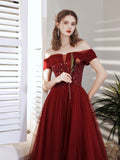 Burgundy A line sequin beads long prom dress burgundy evening dress