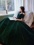 Green A line velvet long prom dress, green evening dress