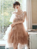 Champagne tulle lace short prom dress, champagne homecoming dress
