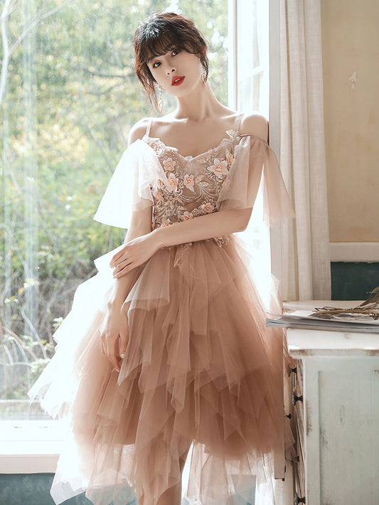 Champagne tulle lace short prom dress, champagne homecoming dress